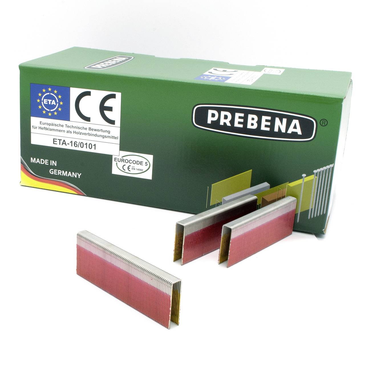 PREBENA Nagelverbinder in einer grünen Produktbox, mit mehreren roten und metallenen Klammern, die davor angezeigt werden.