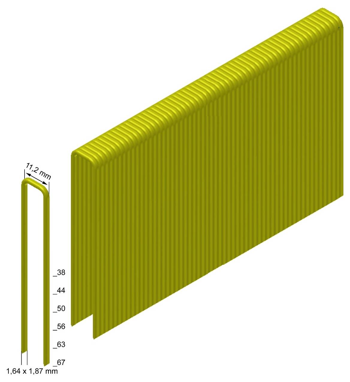 3D-Diagramm eines goldenen wellblechpanels mit beschrifteten Abmessungen, das ein 11,2 mm Profil und einen Querschnitt von 1,64 x 1,87 mm zeigt.