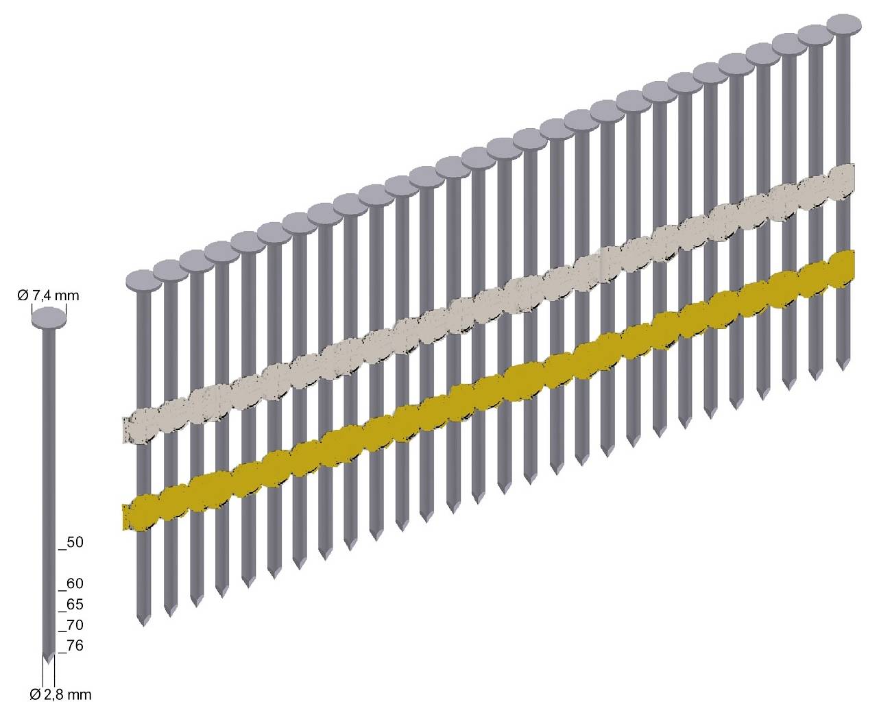 3D-Diagramm von zwei Reihen Nägeln mit Größenunterschied: 7,4 mm Köpfe und 2,8 mm Spitzen, mit beige und gelben versetzten Reihen, die entlang langer grauer Nägel ausgerichtet sind.