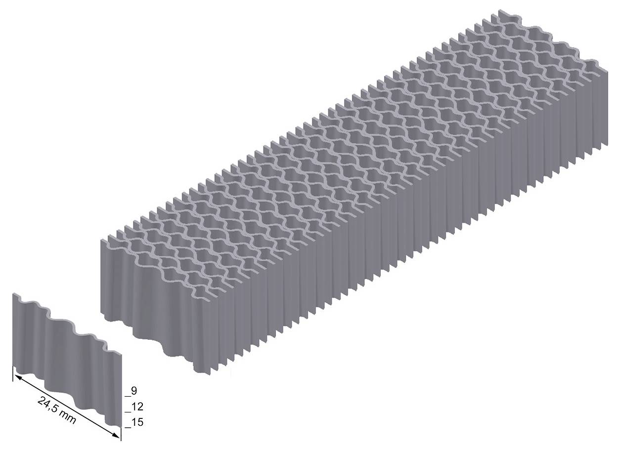 Isometrisches Diagramm eines langen grauen gewellten Blocks mit verzahntem Oberflächenmuster; Ausschnitt zeigt einen Querschnitt mit Beschriftung 24,5 mm und Tiefenmarkierungen 9, 12, 15.