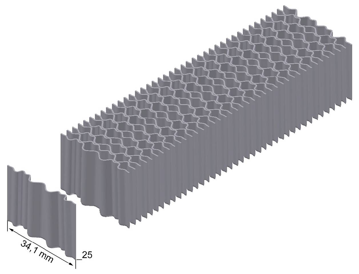 Isometrische Darstellung eines Wellpappe-Paneelblocks mit einer Breite von 34,1 mm und einer Höhe von 25 mm.