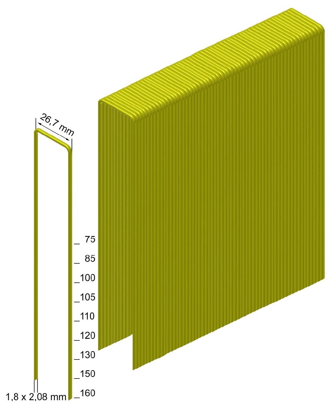 Diagramm einer gelben gefalteten Filtereinsatzpatrone mit Abmessungen von 267 mm Breite und 1,8 x 2,08 mm Falten, mit Höhenmarkierungen von 75 bis 160.