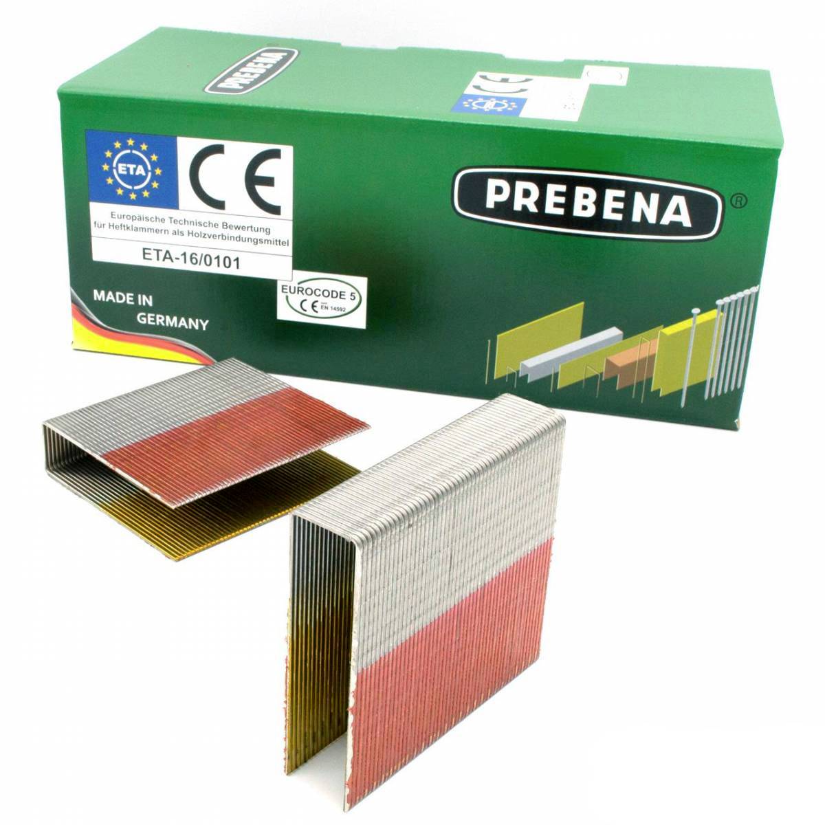 PREBENA box of collated nail staples with two metal fasteners in red and silver on a white background.