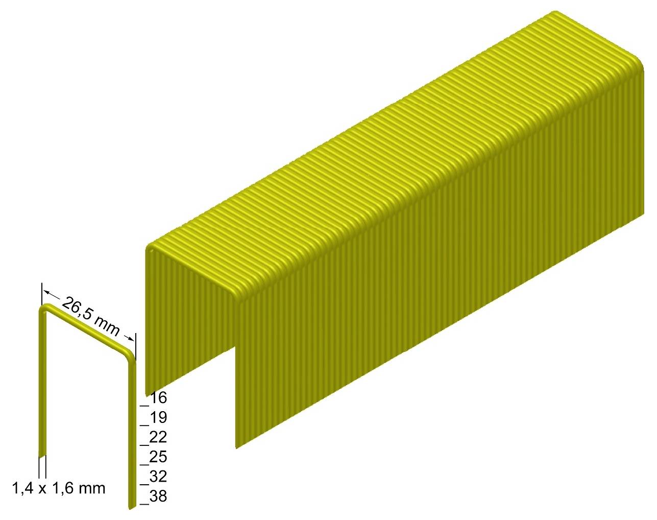 Diagramm eines gelben U-förmigen Metallprofils, das seine lange Kanalform und Abmessungen zeigt: 26,5 mm Breite, 1,4 x 1,6 mm Querschnitt und Längen von 16 bis 38 mm.