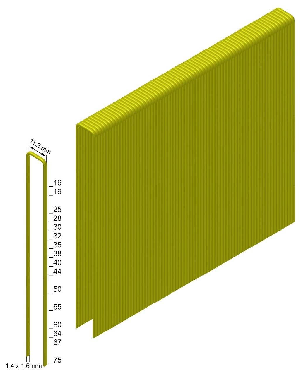 3D-Illustration eines gelben Kühlkörpers mit Flossen und vielen vertikalen Rippen, wobei die Abmessungen 112 mm Höhe und 1,4 x 1,6 mm Profil angezeigt werden.