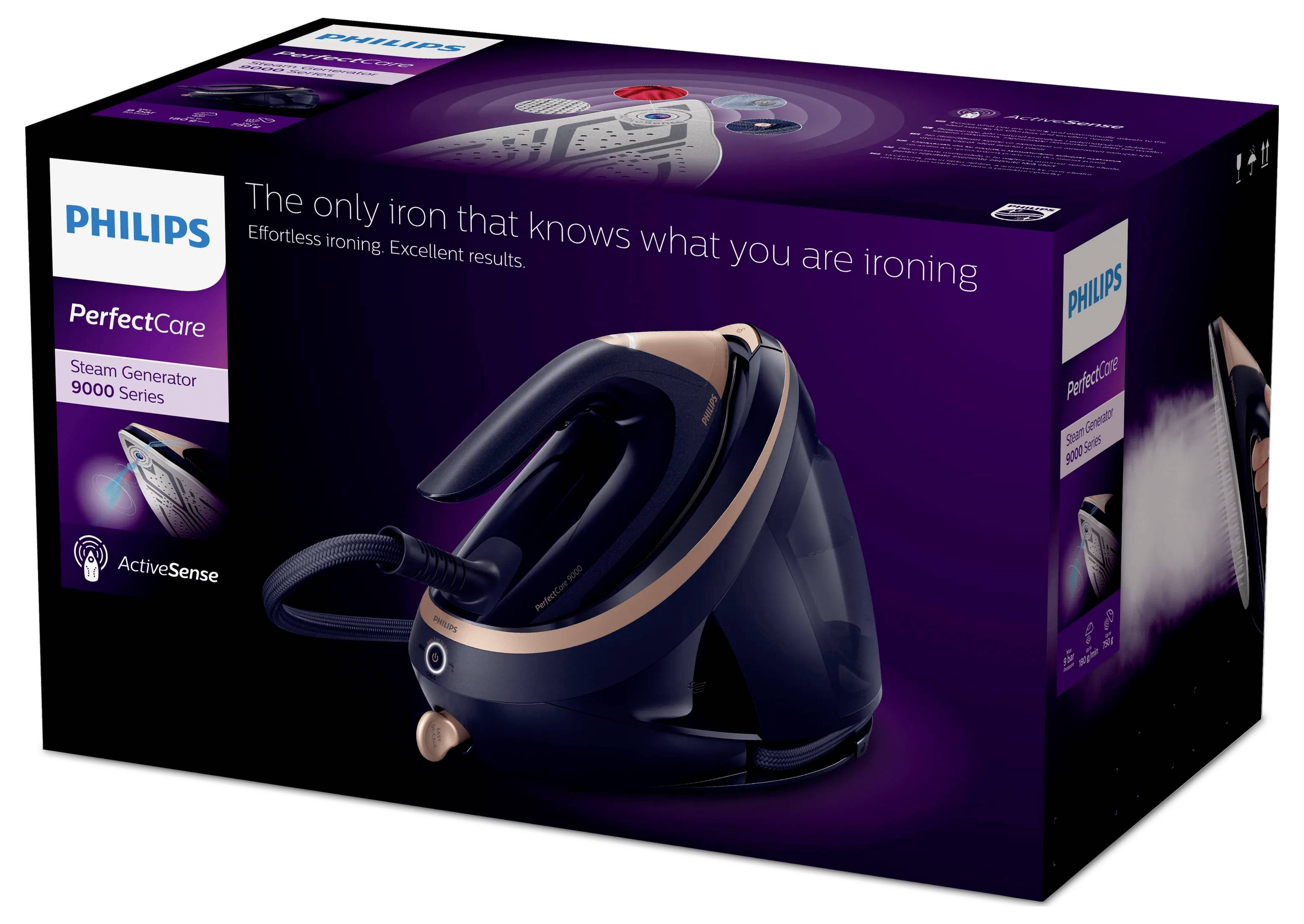 Philips PerfectCare Dampfgenerator 9000 Serie Bügeleisen Produktkarton mit einem dunkelblauem und kupferfarbenem Bügeleisen auf violettem Hintergrund mit dem Slogan „Das einzige Bügeleisen, das weiß, was du bügelst