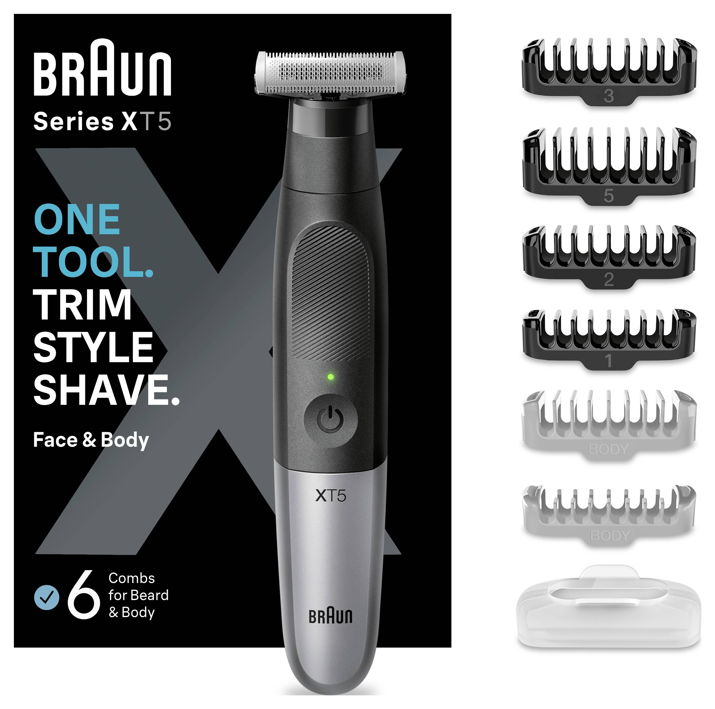 Braun Series XT5 Trimmer mit sechs Kammaufsätzen; die Anzeige sagt „Ein Gerät. Trimmen. Stylen. Rasieren.