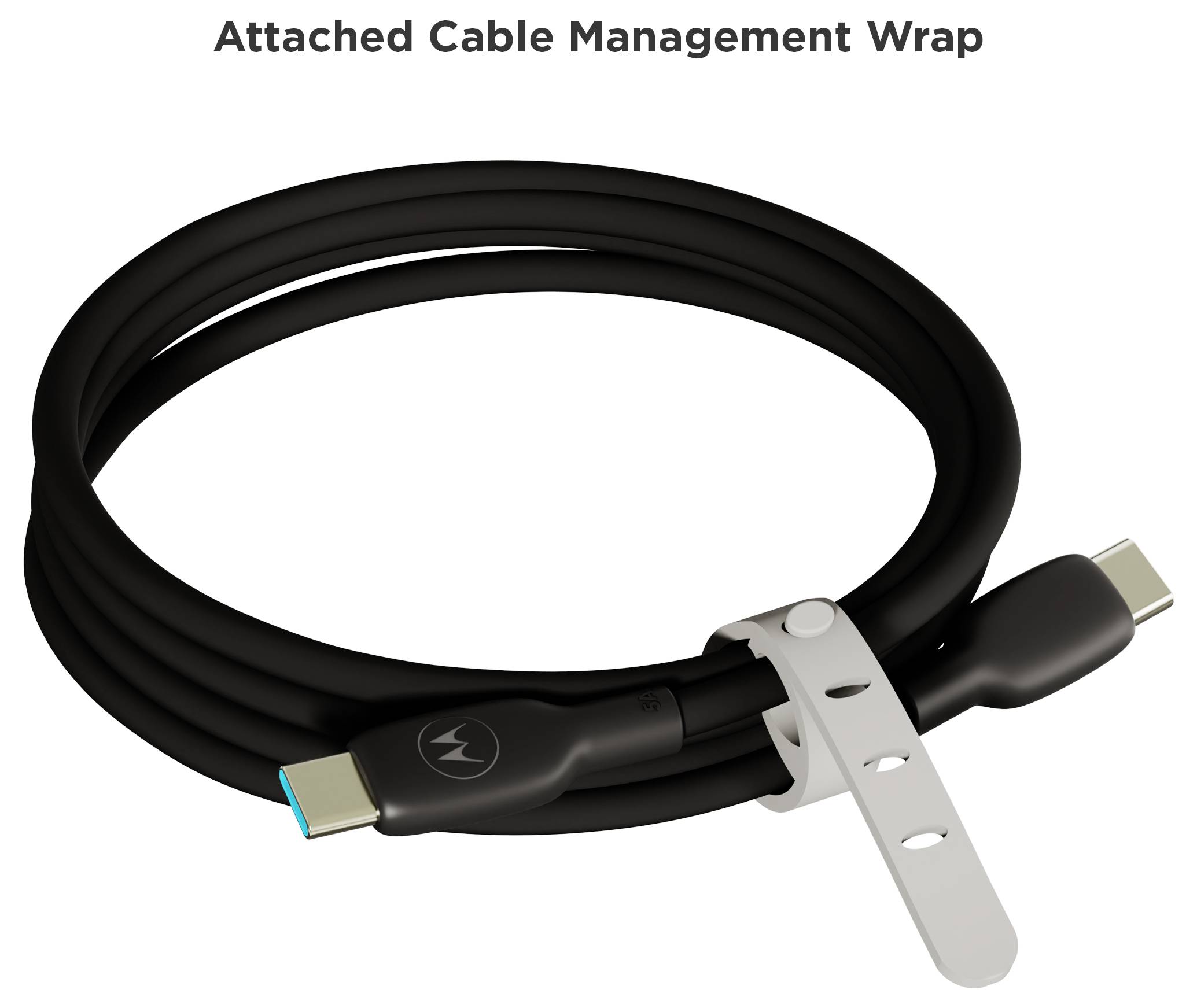 Schwarzes USB-C-Kabel mit befestigter silberfarbener Kabelorganisationsbandage, beschriftet mit „Attached Cable Management Wrap