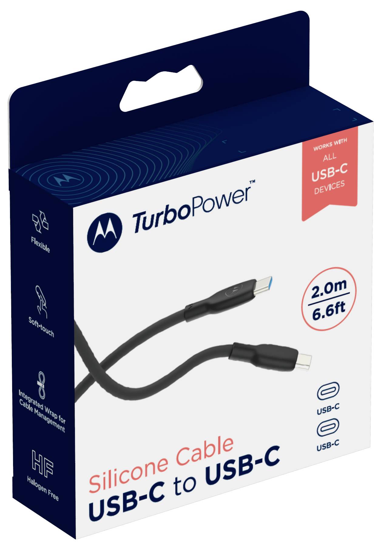 TurboPower Silikon USB-C auf USB-C Kabel Verpackung, gekennzeichnet mit Kompatibilität mit allen USB-C Geräten und 2,0m (6,6ft).