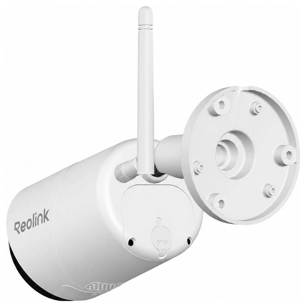 Weiße Reolink-Außensicherheitskamera mit Antenne, montiert auf einer Halterung vor weißem Hintergrund.