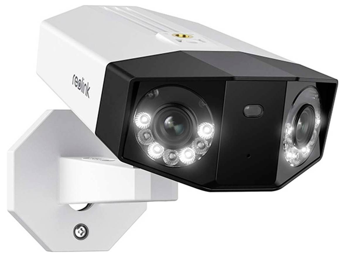 Wandmontierte Reolink-Sicherheitskamera mit Dual-Linsen und Infrarot-LEDs für die Nachtsicherung.