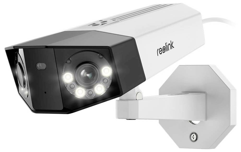 Reolink kabelgebundene Sicherheitskamera mit integrierten Infrarotleuchten, montiert auf einer Wandhalterung, gezeigt in einem produktgestalteten Bild auf weißem Hintergrund