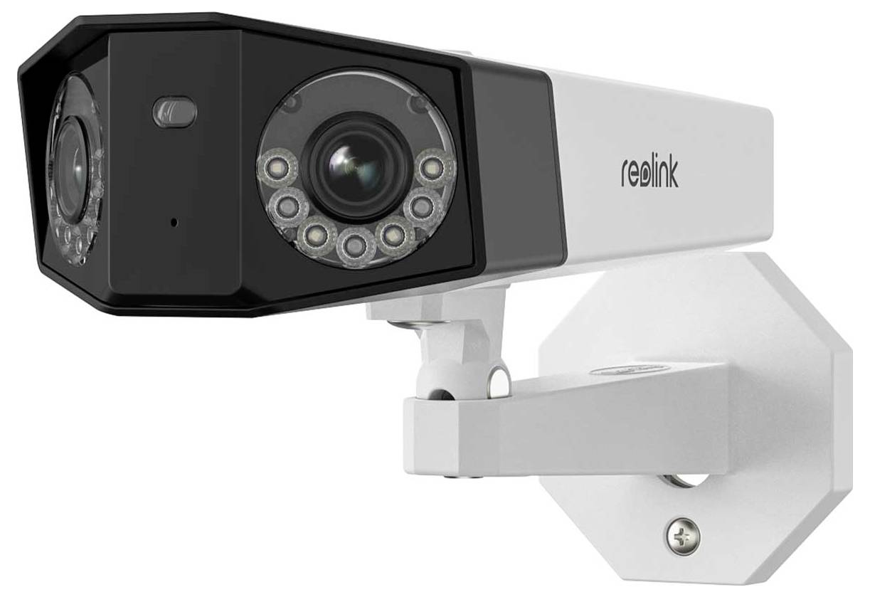Reolink Außensicherheitskamera auf einer Wandhalterung montiert, in Weiß und Schwarz mit Doppellinsen und Infrarot-LEDs.