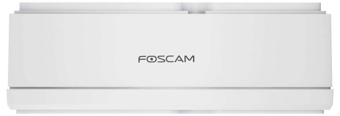 Weiße Foscam-Sicherheitskamera oder Gerät mit dem zentrierten FOSCAM-Logo auf einer hellgrauen Frontplatte.
