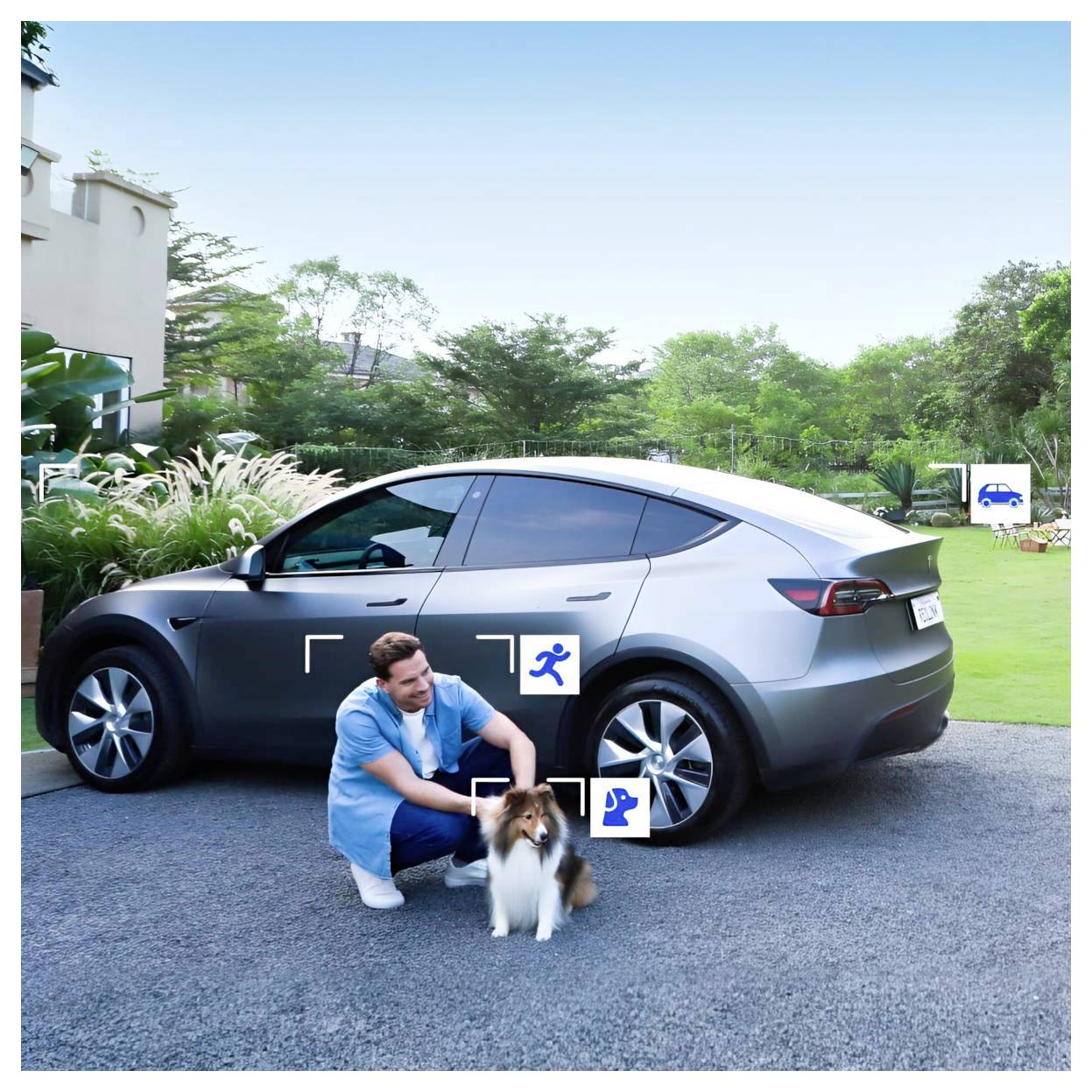 Ein Mann hockt sich neben einen kleinen Hund vor einem geparkten silbernen SUV auf einer Einfahrt hin, mit einem grünen Garten im Hintergrund.