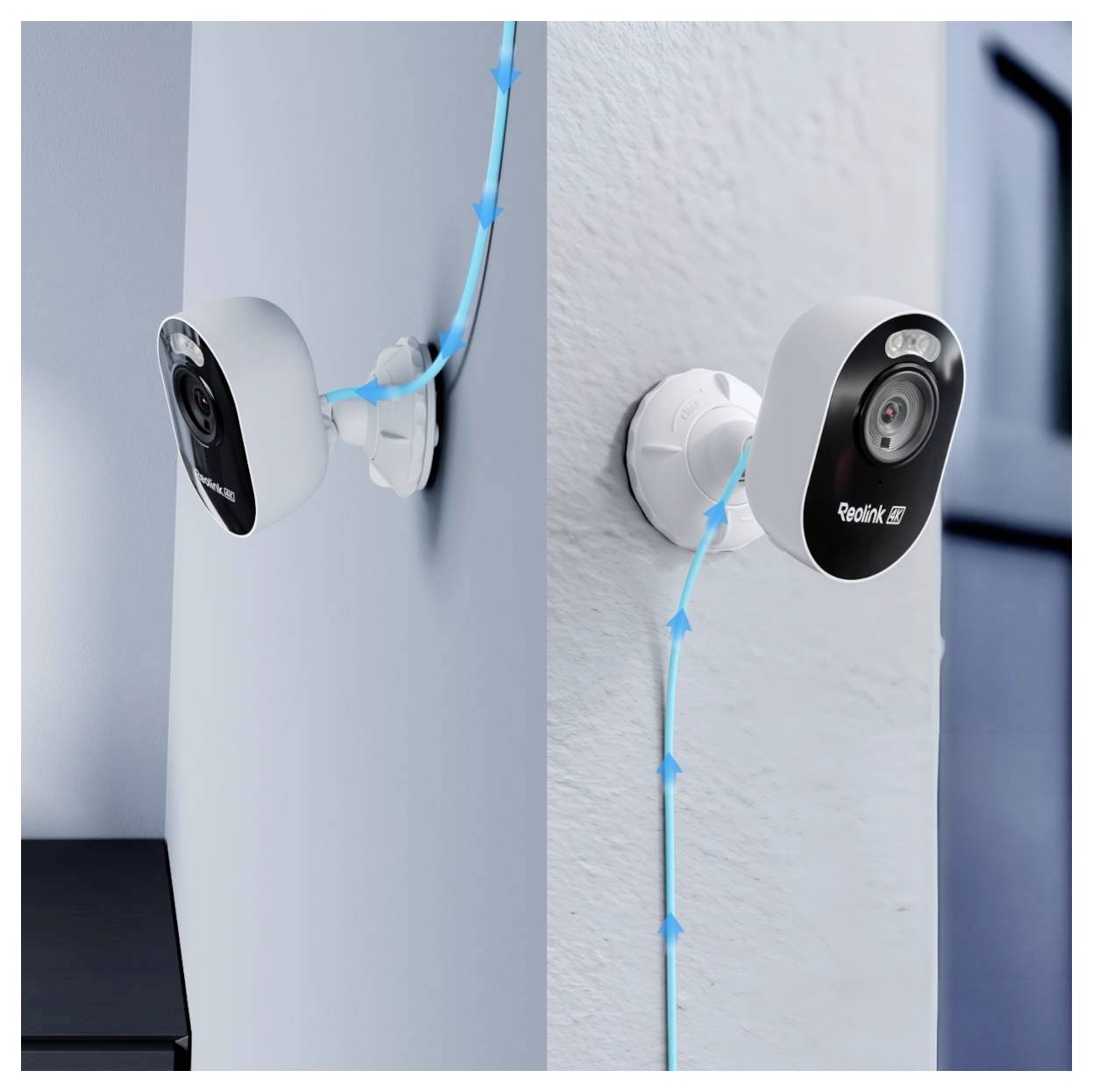 Zwei weiße Reolink-Sicherheitskameras an einer Wand montiert mit einem blauen Kabel, das zwischen ihnen verlegt ist.
