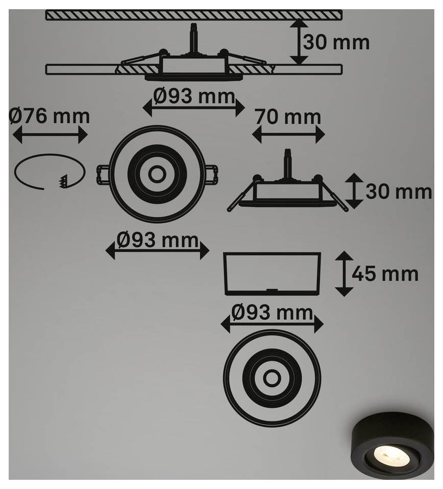 Diagramm einer eingebauten Deckenleuchte mit Installationsabmessungen: 93 mm Ausschnitt, 76 mm und 70 mm Seitenabmessungen, 30 mm Tiefe und 45 mm Höhe.