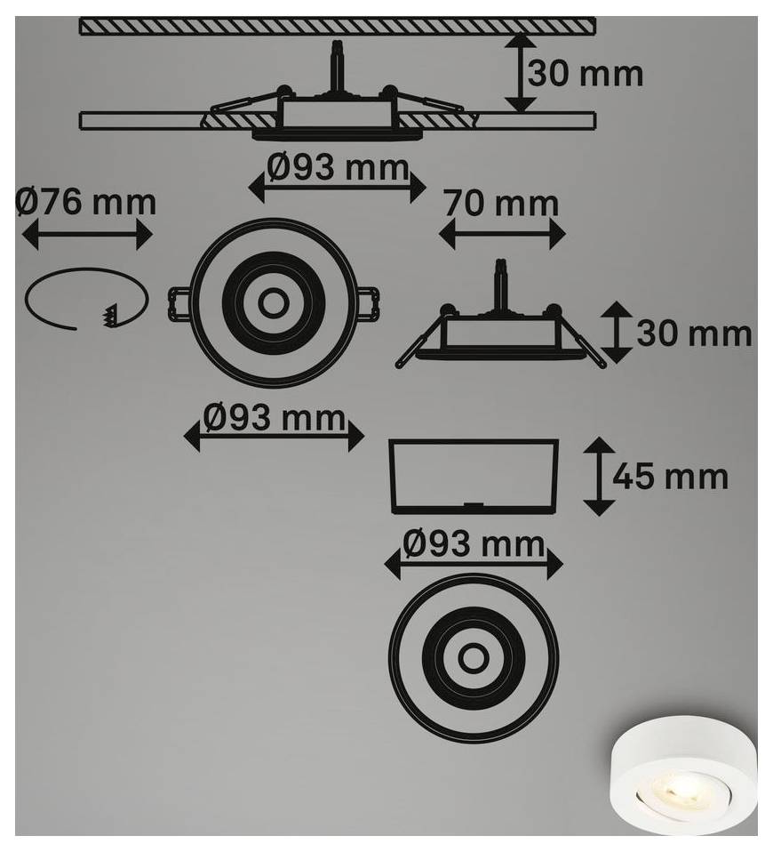 Maßzeichnung einer Einbau-Deckenleuchte mit Einbautiefe 30 mm, Ausschnittdurchmesser 76 mm, Außendurchmesser 93 mm und Höhe 45 mm mit Draufsicht und Seitenansicht.