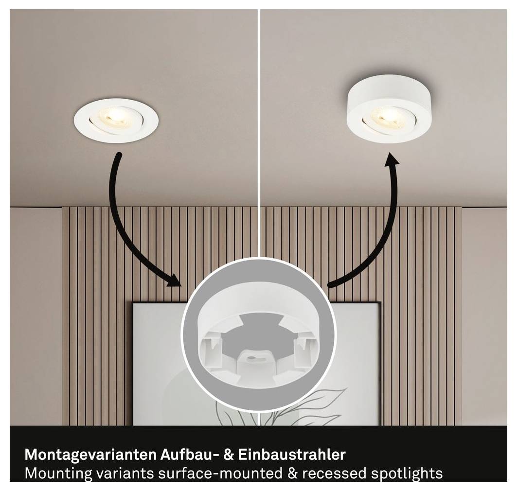Unscharfe Innenraumszene mit Deckenspotlights und einem roten Etikett mit der Aufschrift „BASIC Set