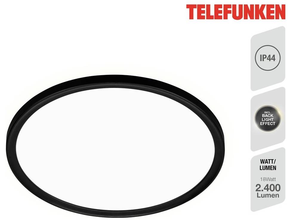 Telefunken ovale schwarze LED-Deckenleuchte, IP44-bewertet, mit 18W und 2.400 Lumen-Abzeichen auf der rechten Seite angezeigt.