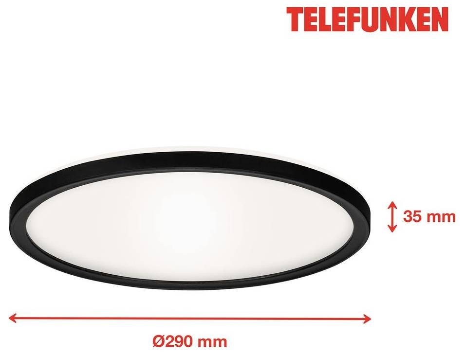 Telefunken runde LED-Deckenleuchte mit Abmessungen: 290 mm Durchmesser und 35 mm Höhe.