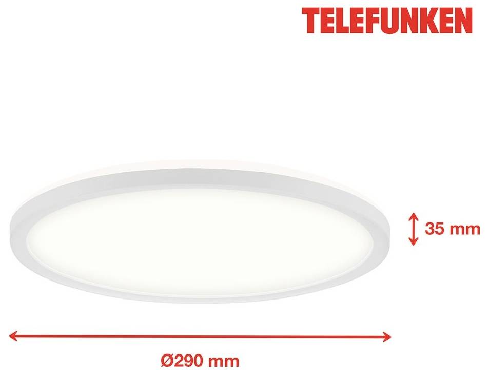 Telefunken Deckenleuchte rund, shown in weiß, mit einem Durchmesser von 290 mm und einer Höhe von 35 mm.