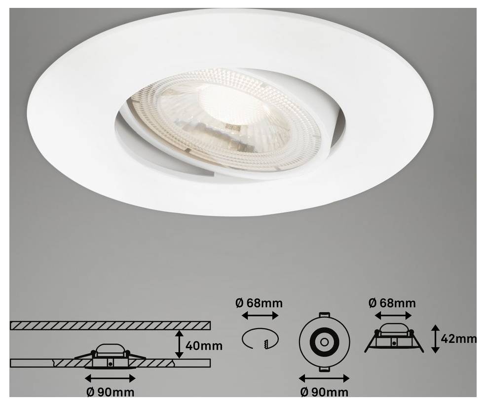 Eingebauter weißer Deckenspot mit Installationsmaßen: 90 mm Ausschnitt, 68 mm Lichtöffnung, 40 mm Tiefe, 42 mm Höhe.