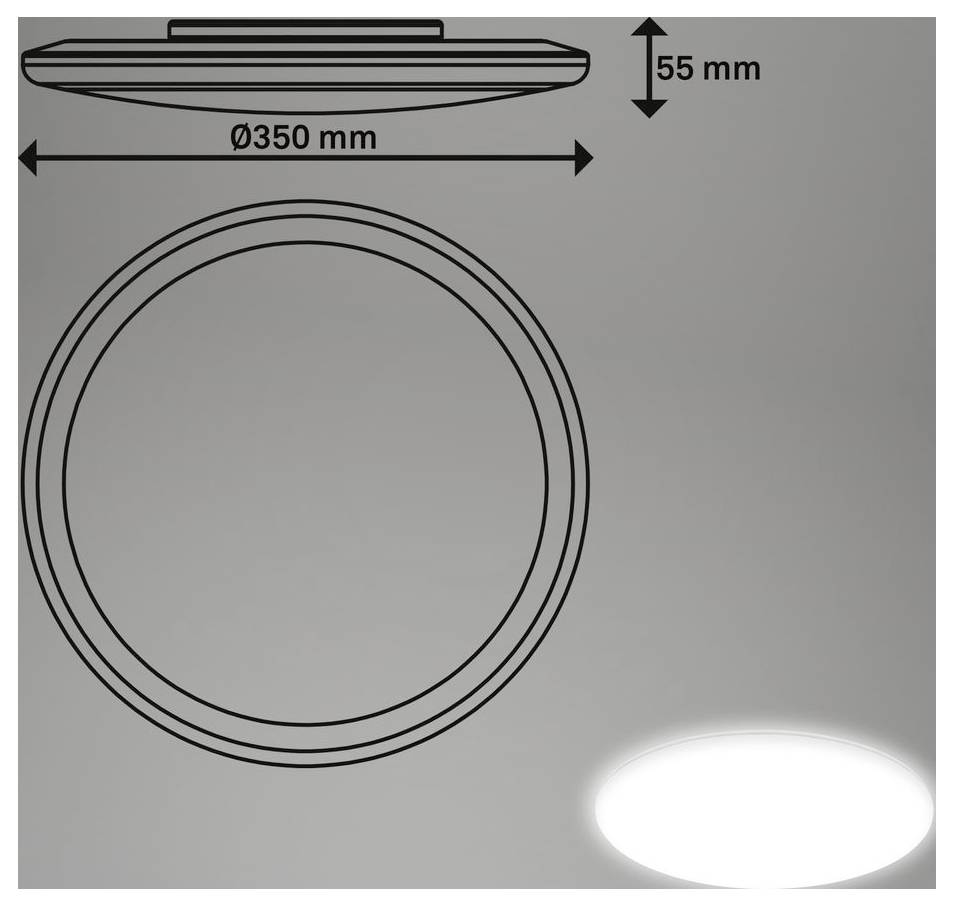 Technische Zeichnung einer runden Deckenleuchte mit einem Durchmesser von 350 mm und einer Höhe von 55 mm, mit Draufsicht und Vorderansicht.