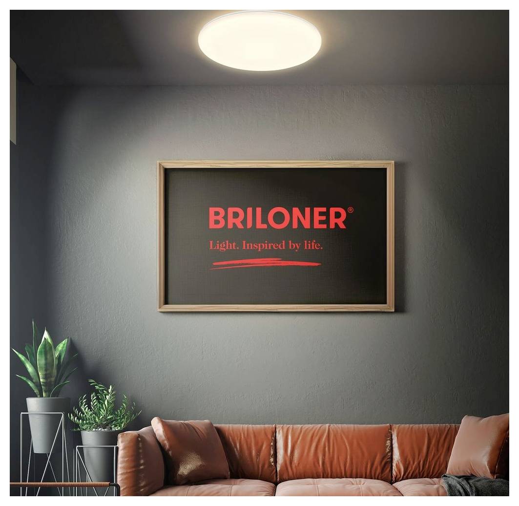Wandschild im Rahmen mit dem roten BRILONER-Logo und dem Slogan „Licht. Inspiriert vom Leben.