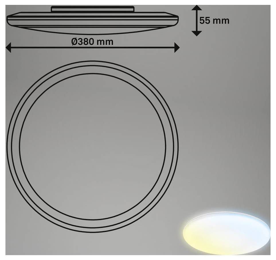 Deckenleuchte-Diagramm mit runder Form, zeigt Abmessungen: 380 mm Durchmesser und 55 mm Höhe, mit Vorder- und Seitenansicht sowie eine beleuchtete Beispieldarstellung.
