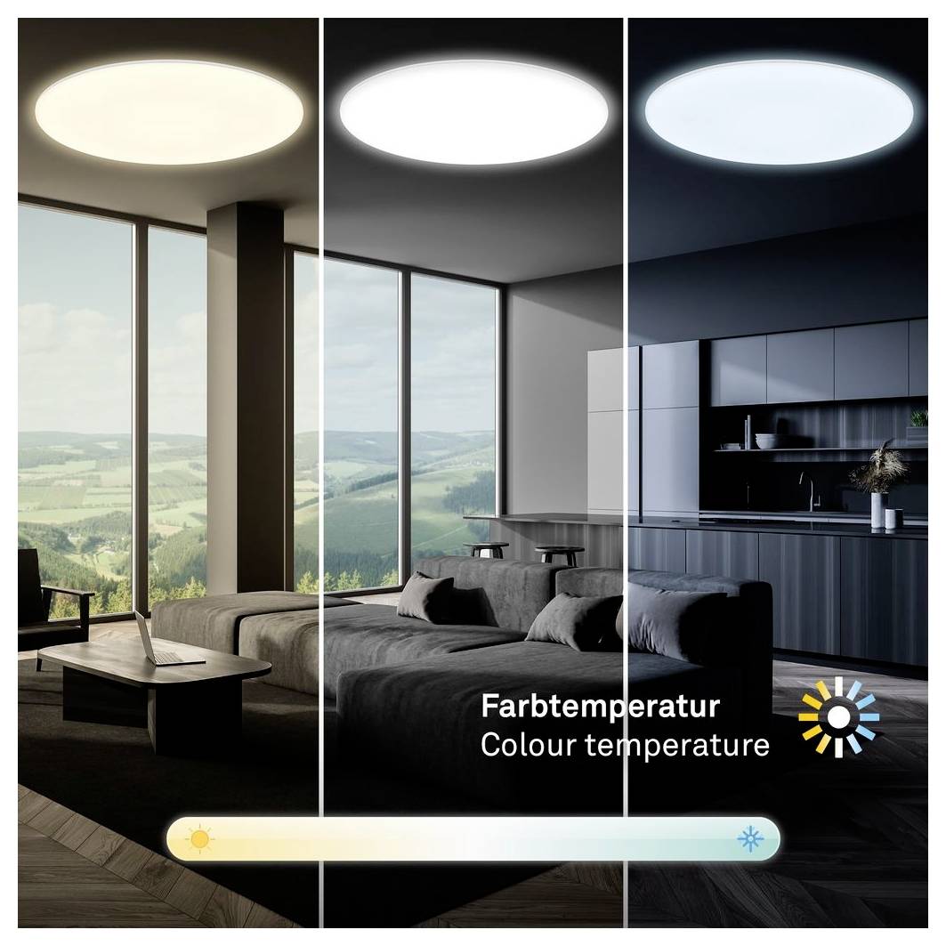 Dreiteiliger Vergleich der Raumbeleuchtung mit warm, neutral und kalt Farbtemperaturen, mit einem 