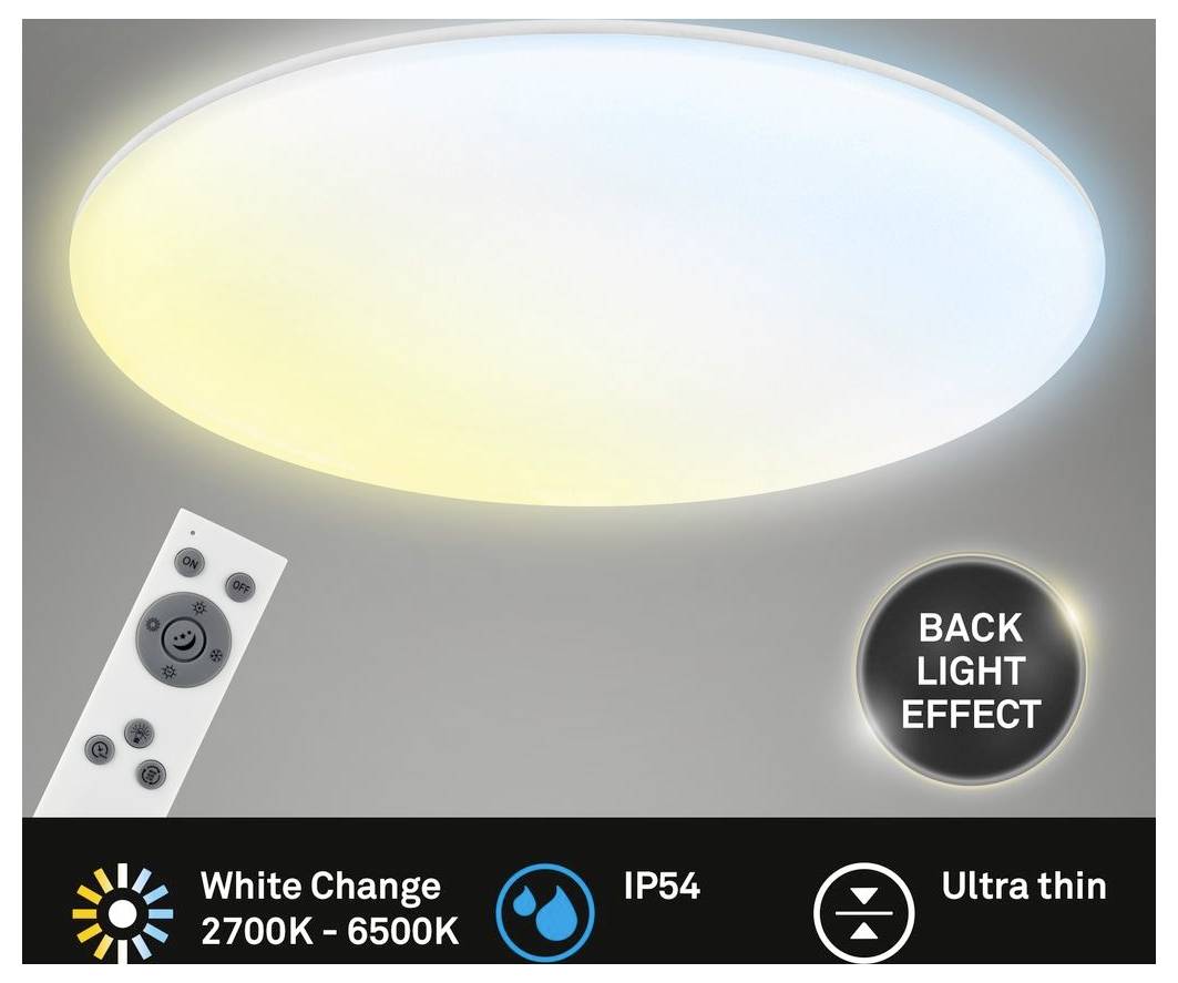 Ultraflaches rundes LED-Deckenleuchte mit Rücklicheffekt, dargestellt mit Fernbedienung; Text hebt Farbwechsel Weiß 2700K-6500K und IP54 hervor.