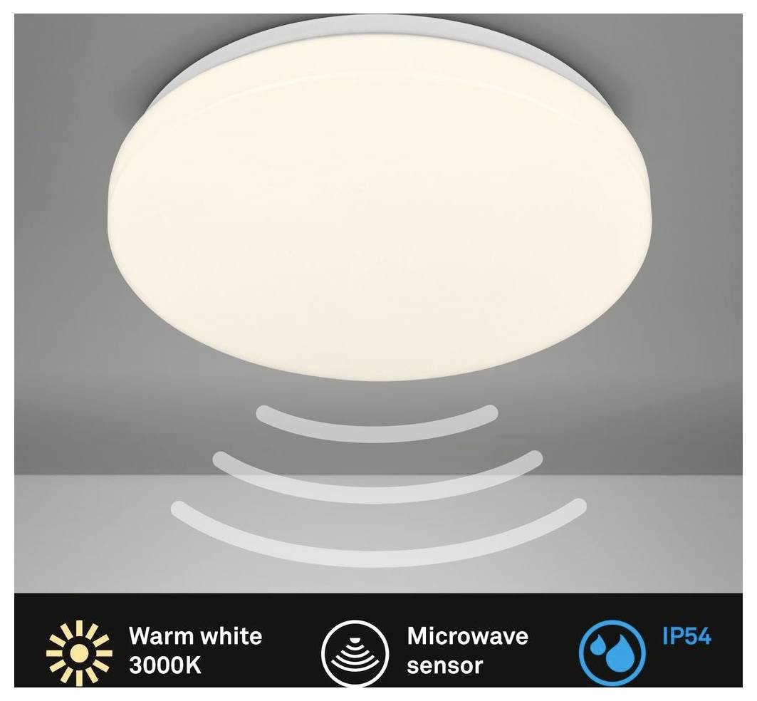Rundes LED-Deckenleuchte mit integriertem Mikrowellensensor, beschriftet warmweiß 3000K und IP54.