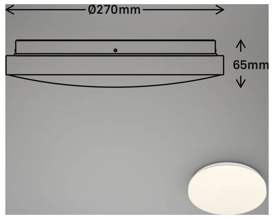 Technische Zeichnung einer runden Deckenleuchte mit den Abmessungen 270 mm breit und 65 mm hoch, mit einem kleinen Produktfoto rechts unten.
