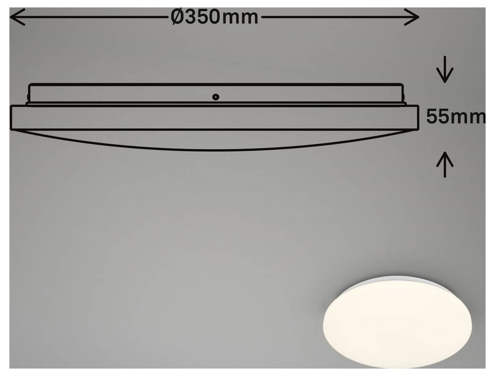 Technische Illustration einer runden Deckenleuchte mit Abmessungen: 350 mm Breite und 55 mm Höhe, mit einem kleinen Produktfoto unten rechts.