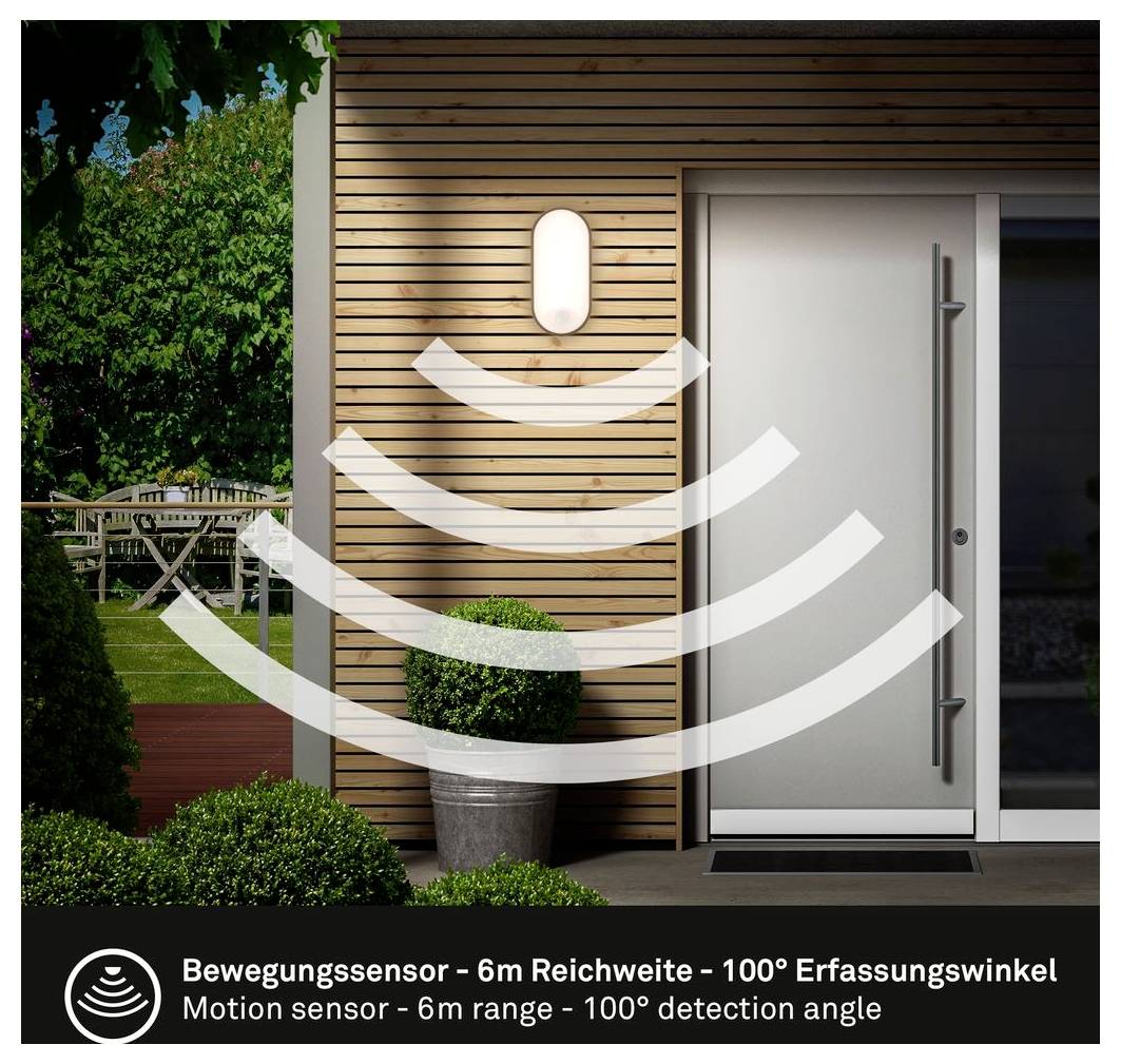 Bewegungsmelder neben einem modernen Hauseingang, mit Grafik, die eine Reichweite von 6 m und einen Erfassungswinkel von 100° zeigt.