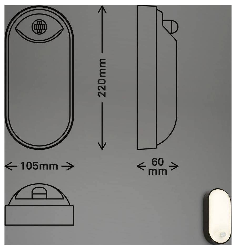 Produktabmessungen-Diagramm für eine Wandleuchte: 220 mm hoch, 105 mm breit und 60 mm tief, dargestellt in Vorder-, Seiten- und Bodenansicht.
