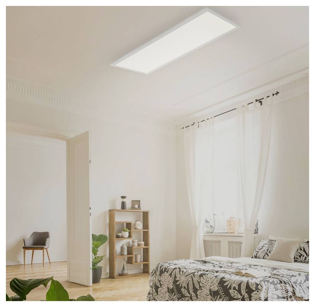Helles, minimalistisches Schlafzimmer mit gemustertem Bett, transparenten Vorhängen, hölzernem Regal, Topfpflanzen und einer offenen Tür zu einem angrenzenden Raum.