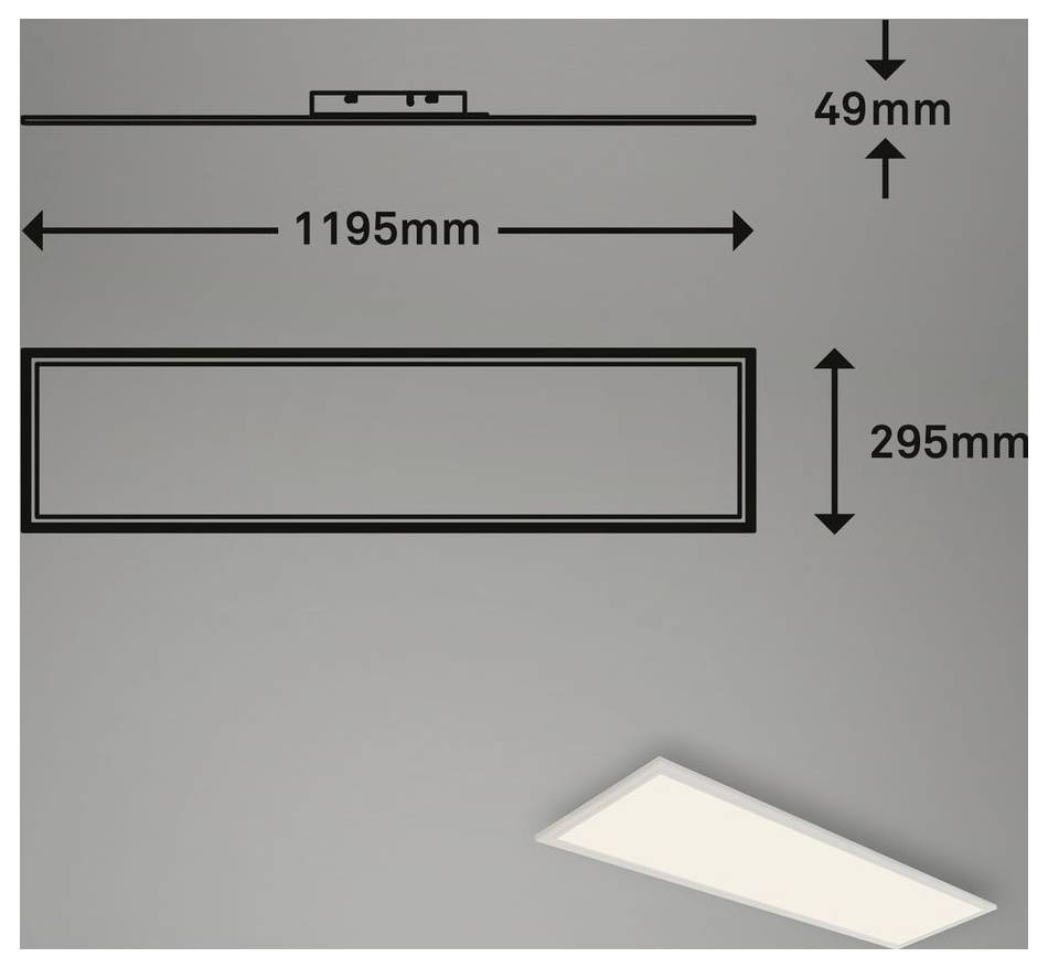 Technische Zeichnung eines rechteckigen Leuchtpanels mit den Abmessungen 1195 mm Breite, 295 mm Höhe und 49 mm Tiefe, mit einer kleinen Produktdarstellung in der Ecke.