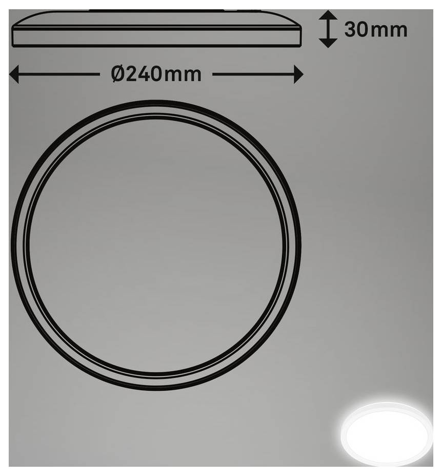 Technische Zeichnung einer runden Leuchte: 240 mm Durchmesser und 30 mm Dicke, gezeigt in Draufsicht und Seitenansicht.