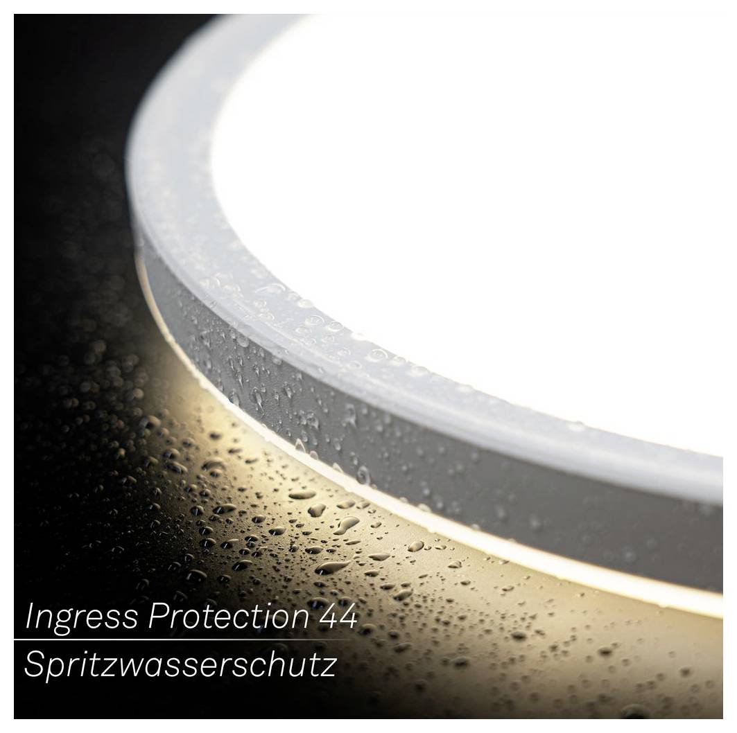 Nahaufnahme einer runden Leuchte mit Wassertropfen, beschriftet mit „Ingress Protection 44