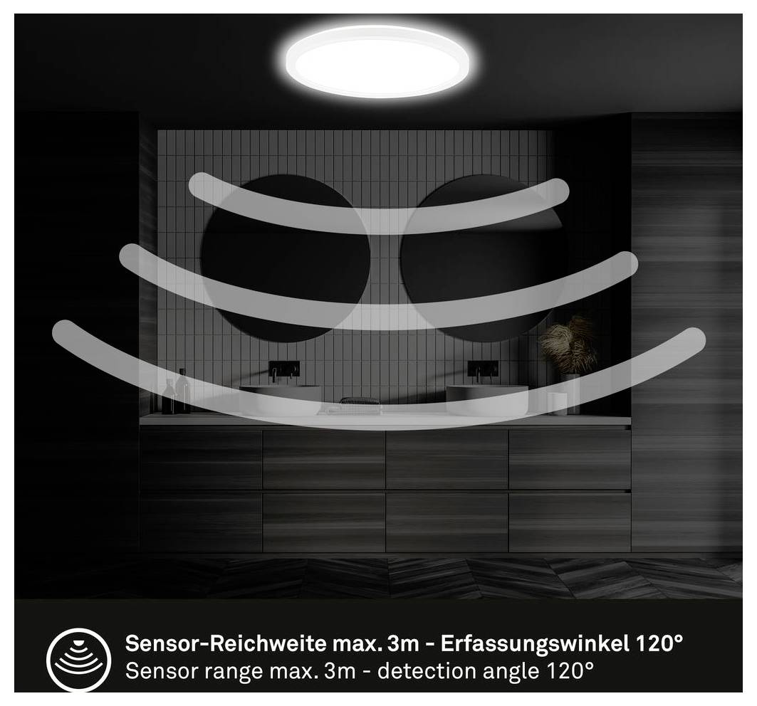 Produktgrafik, die den Erfassungsbereich einer Sensorleuchte zeigt, mit der Bezeichnung „Sensorreichweite max. 3m – Erfassungswinkel 120°