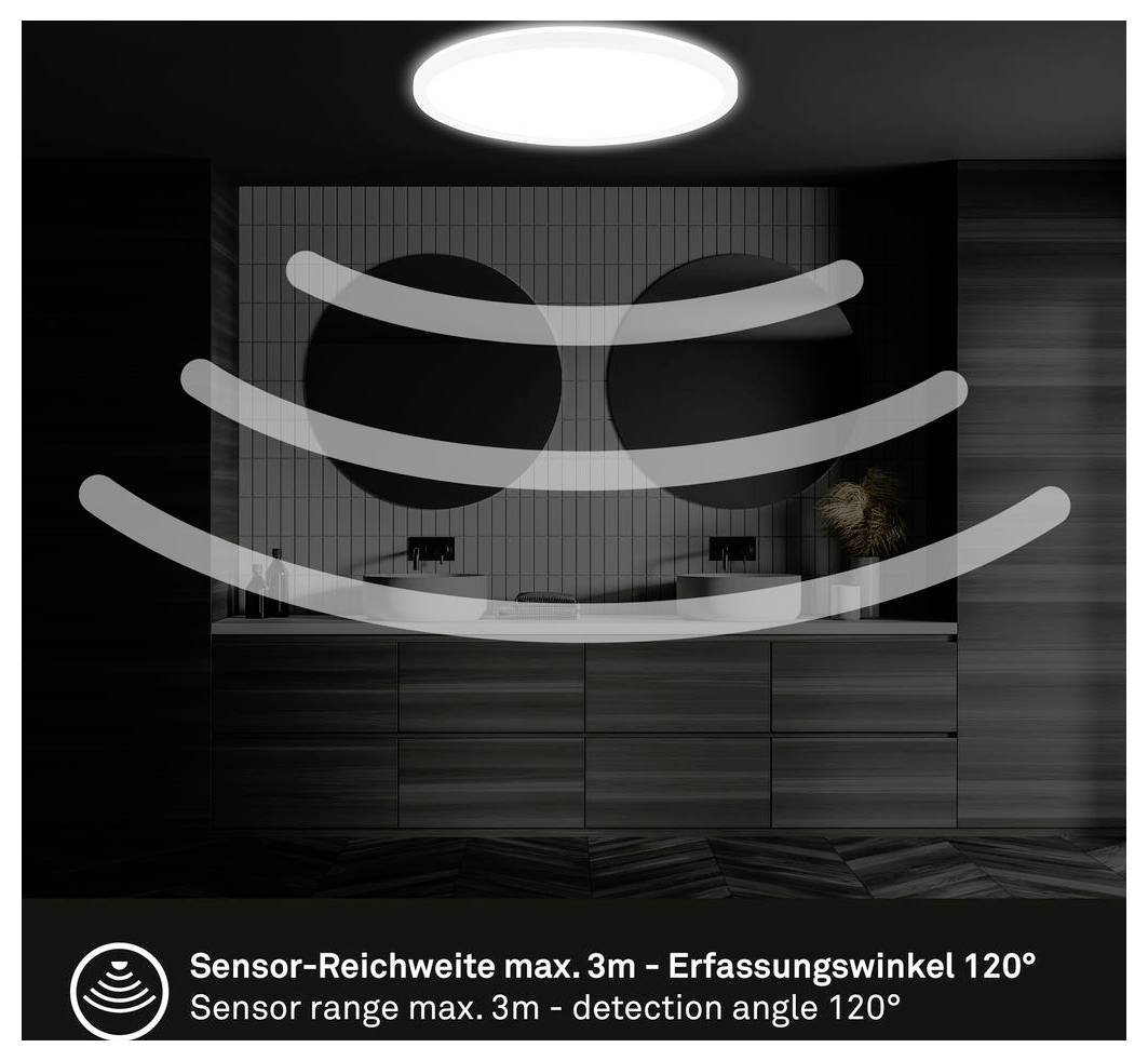 Ovale weiße Wandleuchte mit Bewegungsmelder; gekennzeichnet mit warmweiß 3000K und IP65 für innen- oder außenbereich.