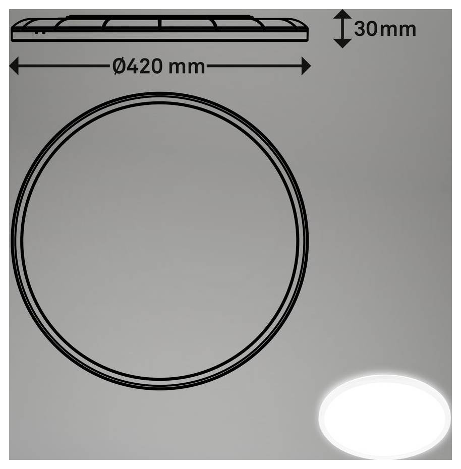 Technische Zeichnung eines runden Objekts mit Abmessungen von 420 mm Durchmesser und 30 mm Höhe, mit Draufsicht und Vorderansicht auf grauem Hintergrund.