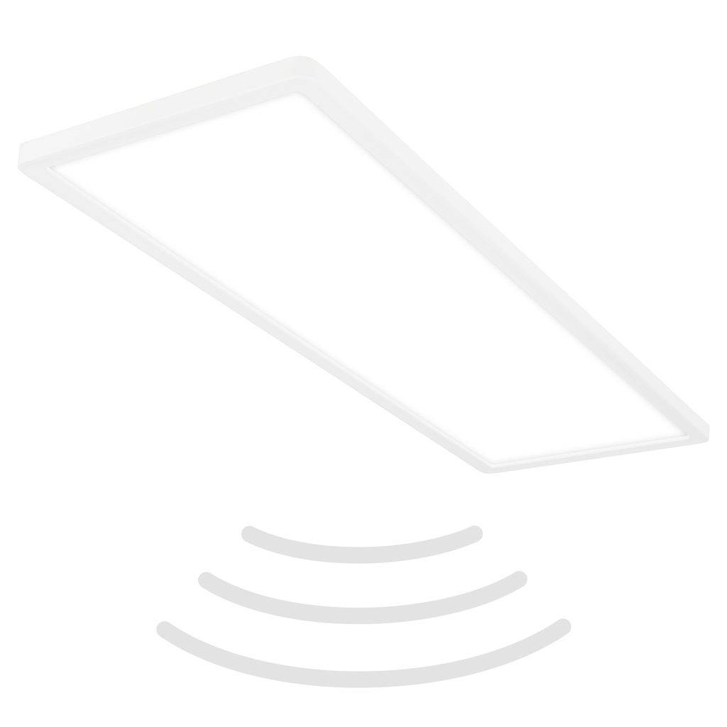 Minimal line icon of a flat rectangular light panel with curved glow lines beneath, suggesting a ceiling light or illumination fixture.