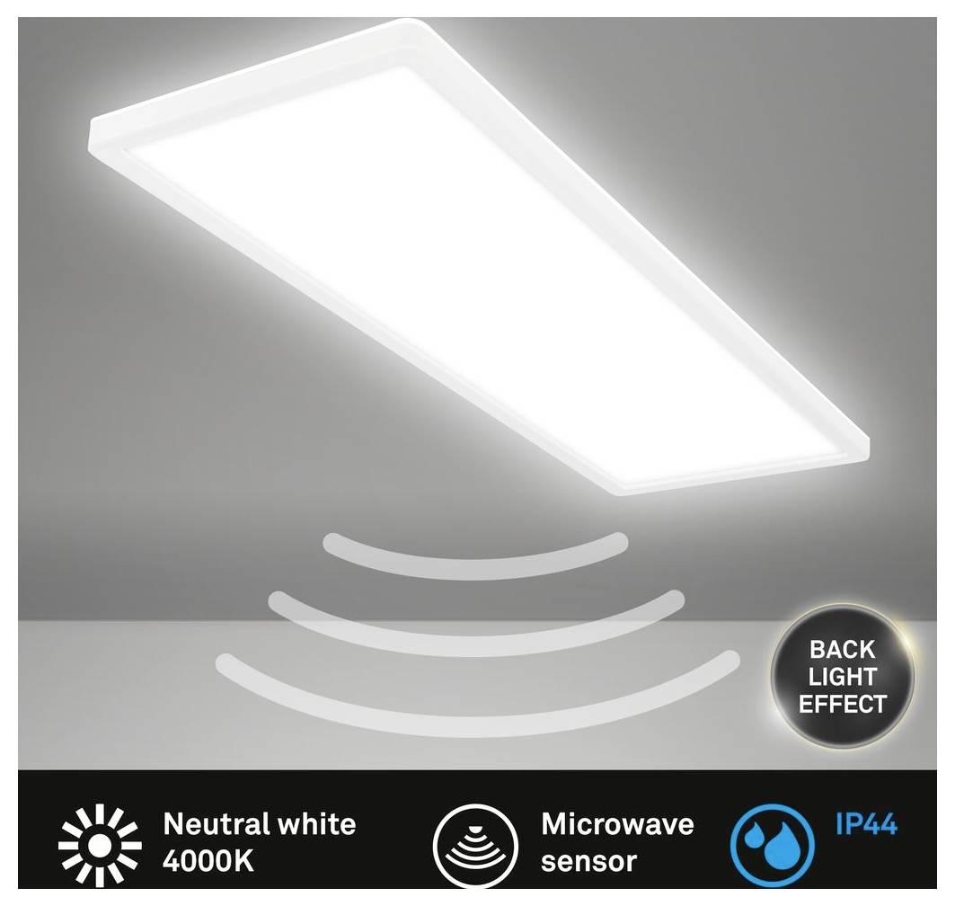 Modernes rechteckiges Deckenleuchten-Panel, das helles Licht über einem unscharfen Raum ausstrahlt, mit gekrümmten Wellen darunter, die Bewegung oder Sensor-Aktivierung andeuten.