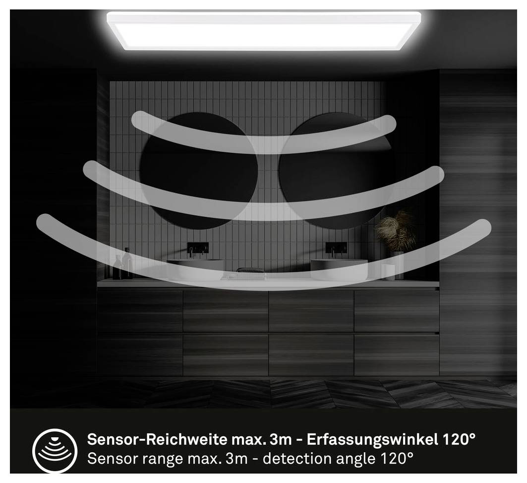 Badezimmerspiegel mit Bewegungsmelder-Symbol und Text: „Sensorreichweite max. 3m – Erfassungswinkel 120°