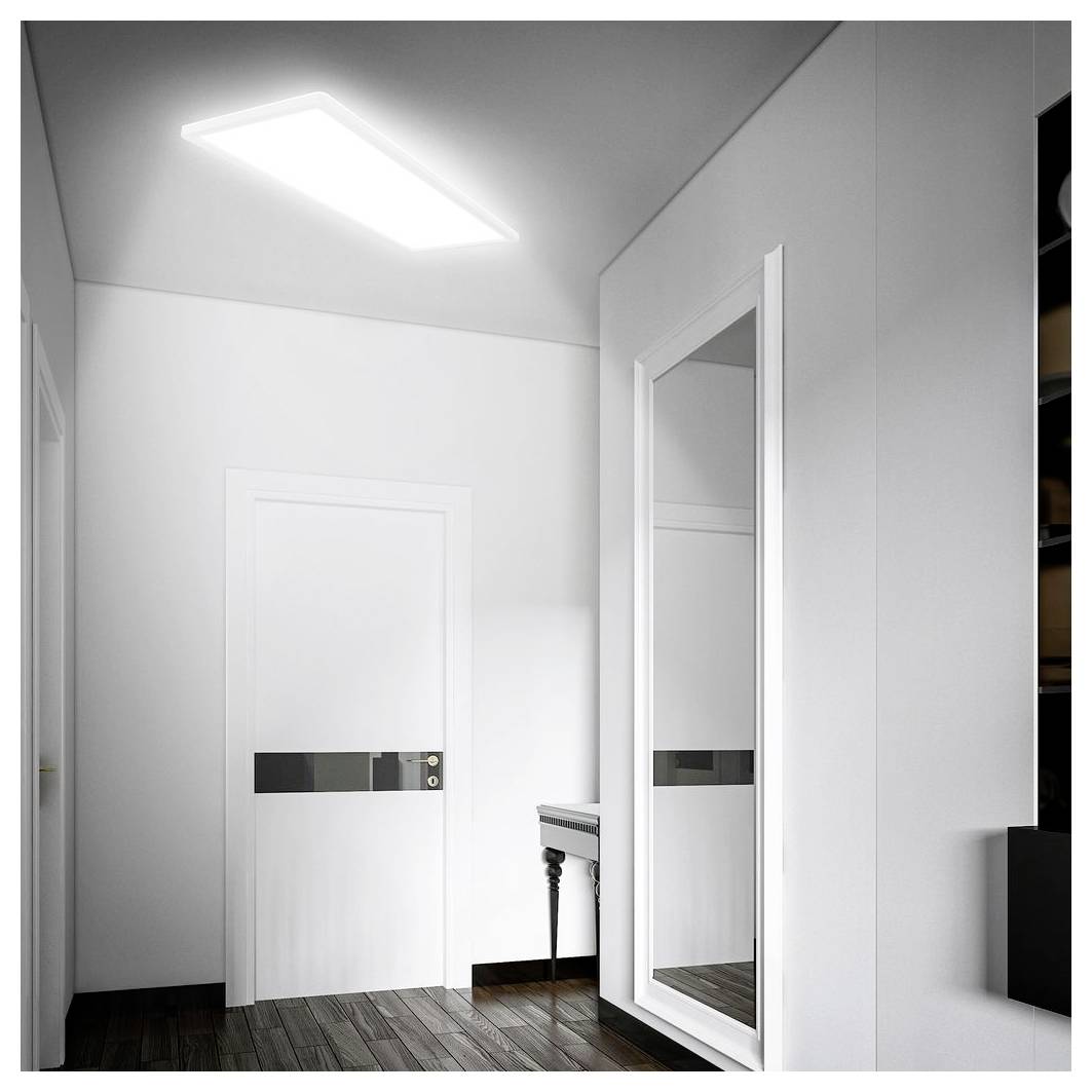 Moderner weißer Flur mit geschlossener Tür, hohem Spiegelschrank und Deckenleuchte, zeigt ein sauberes minimalistisches Interieur.