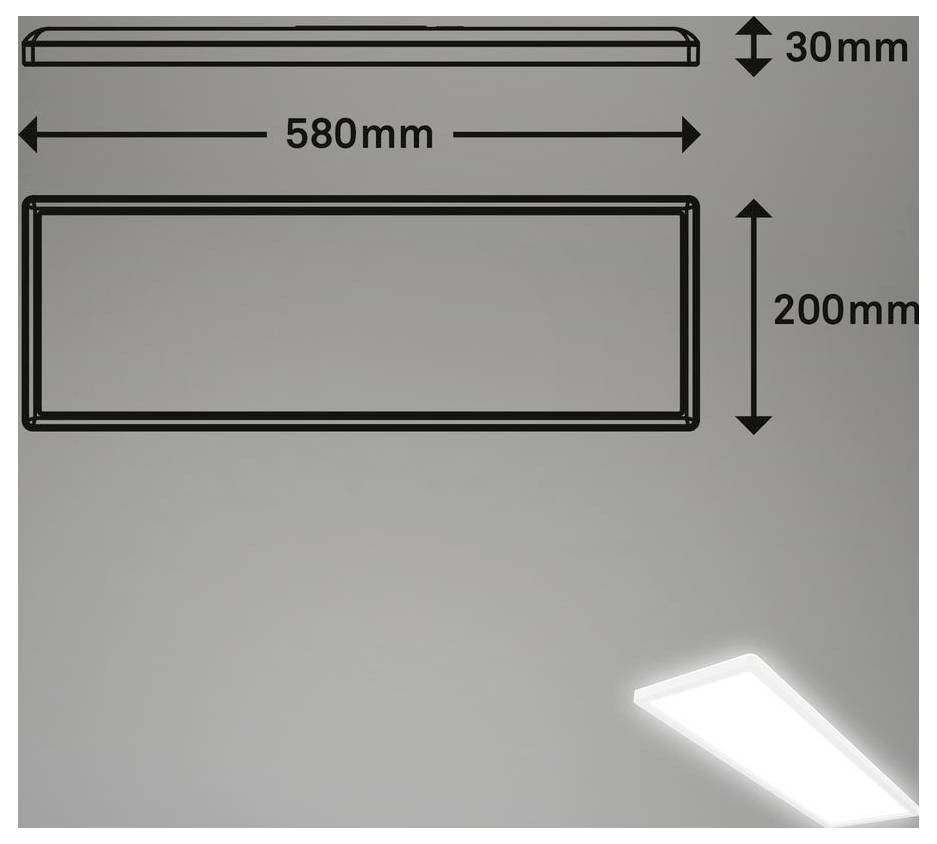 Diagramm eines rechteckigen Leuchtpanels mit den Abmessungen 580 mm Breite, 200 mm Höhe und 30 mm Dicke, mit einem beleuchteten Beispiel unten rechts dargestellt.