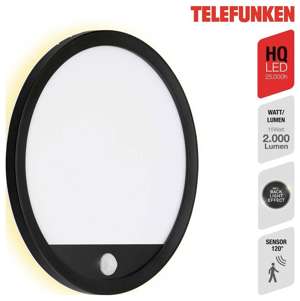 Telefunken ovale LED-Wandleuchte mit schwarzem Rahmen und weißem Diffusor, ausgestattet mit 120°-Sensor und Rücklichteffekt; Leistung 15W, 2000 Lumen, 25.000h.